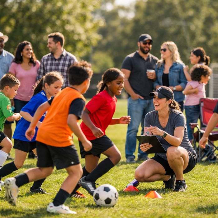 A realistic lifestyle photo of a youth soccer practice on a sunny afternoon children ages 812 wearing colorful jerseys running drills on a grass field-3 A realistic lifestyle photo of a youth soccer practice on a sunny afternoon children ages 812 wearing colorful jerseys running drills on a grass field-3